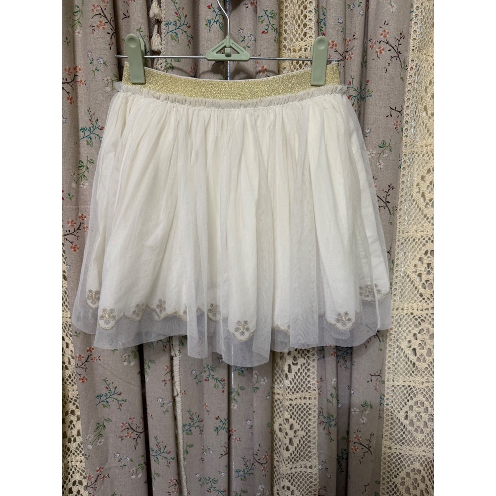 Mini Boden Ivory Tulle Embroidered Skirt Gold Waist Girls 9 10Y